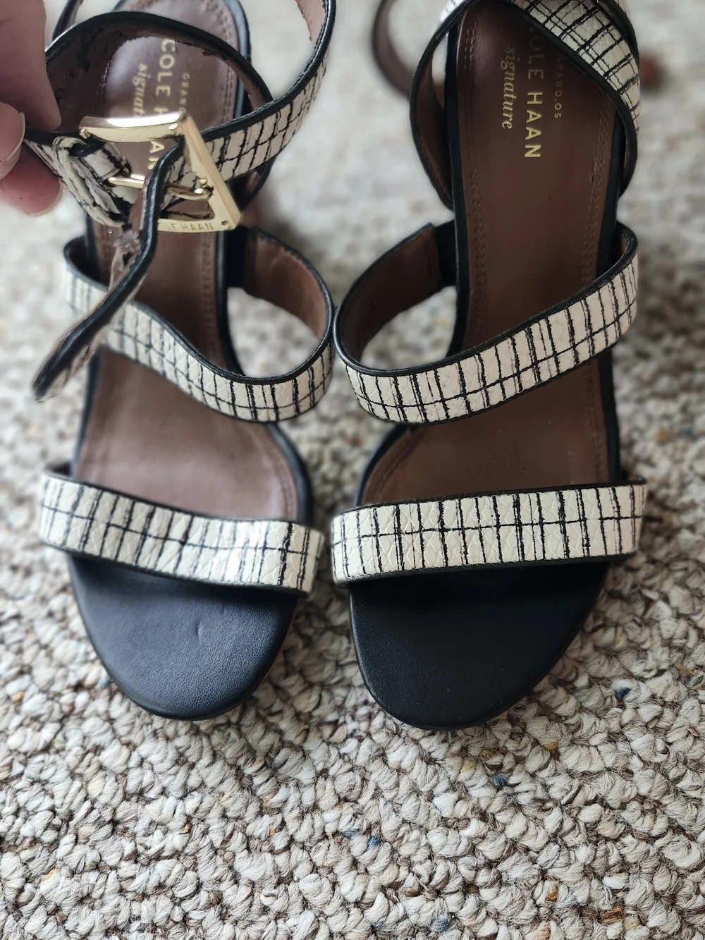 Cole Haan Black and White Striped Leather Sandals